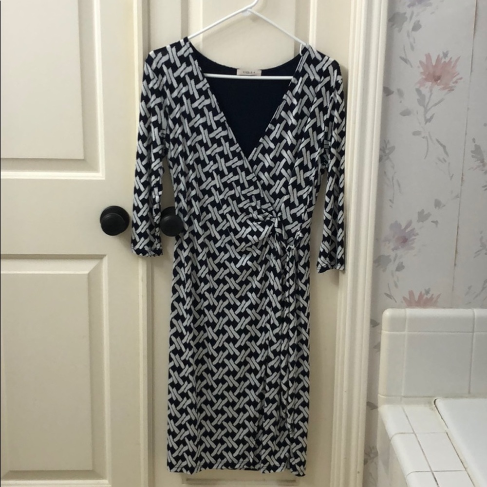 Navy and white faux wrap dress